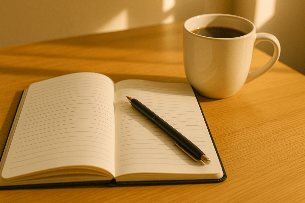 Morning journal open with pen and coffee cup beside sunlight.