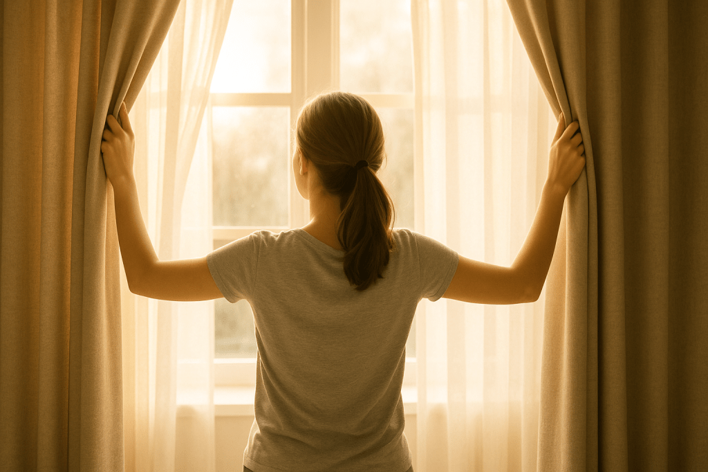 Person opening bedroom curtains to let in morning sunlight.