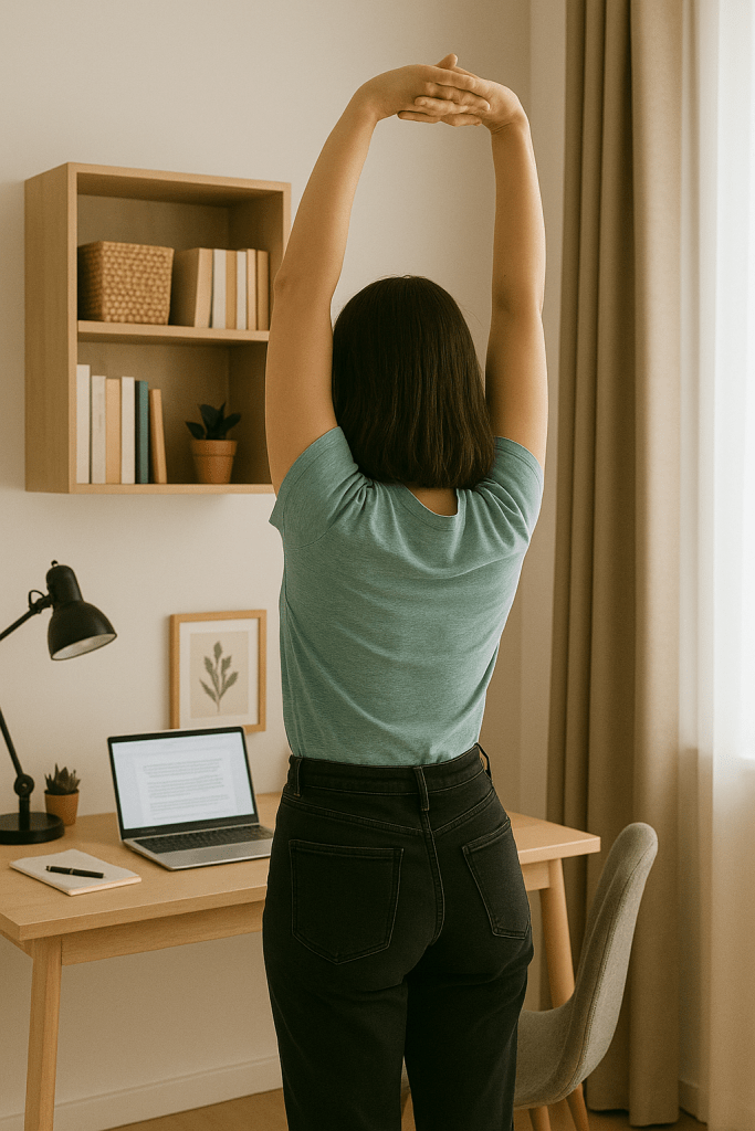 Person stretching beside a desk during a short work break to recharge energy.