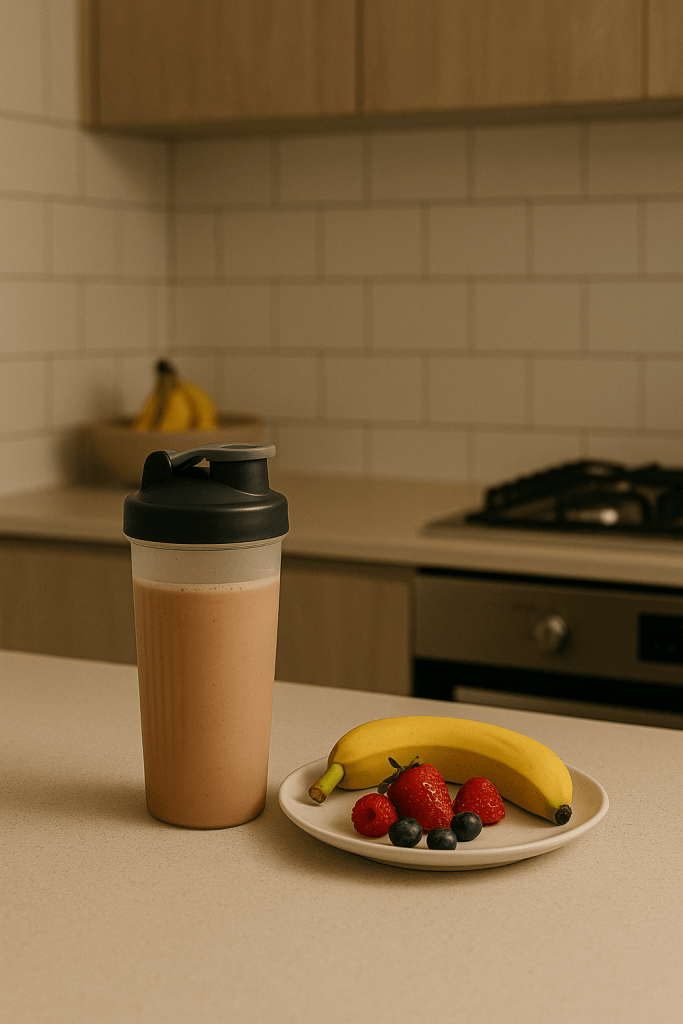 Protein shake with banana and berries on a kitchen counter, fueling sustained energy.