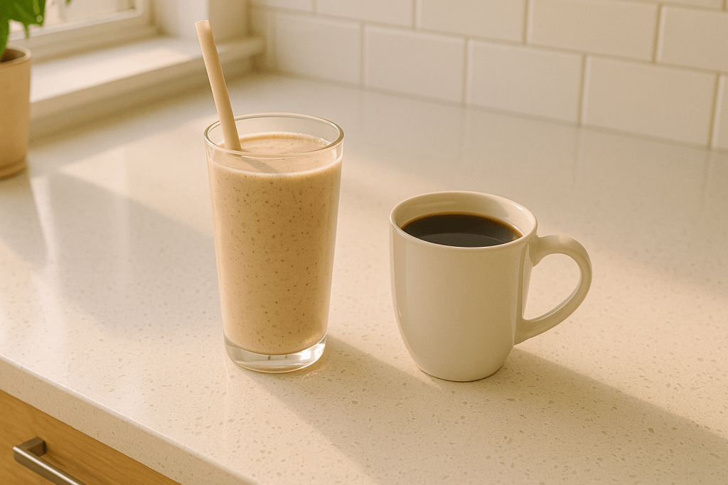Protein smoothie and coffee on kitchen counter with morning light.