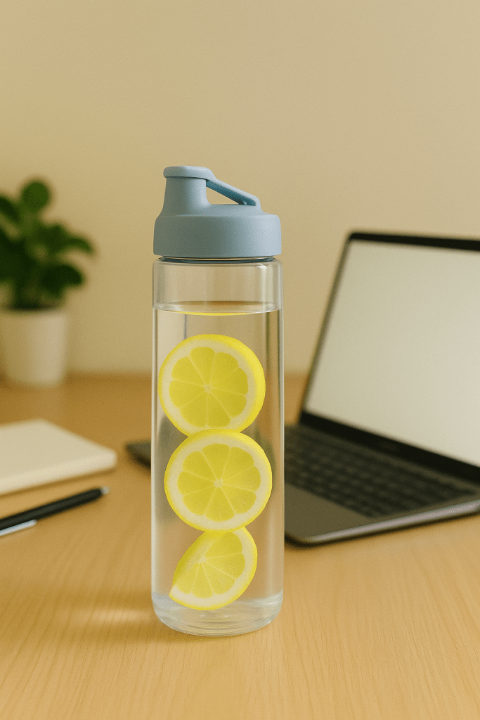 Reusable water bottle with lemon slices on a work desk, promoting daily hydration.