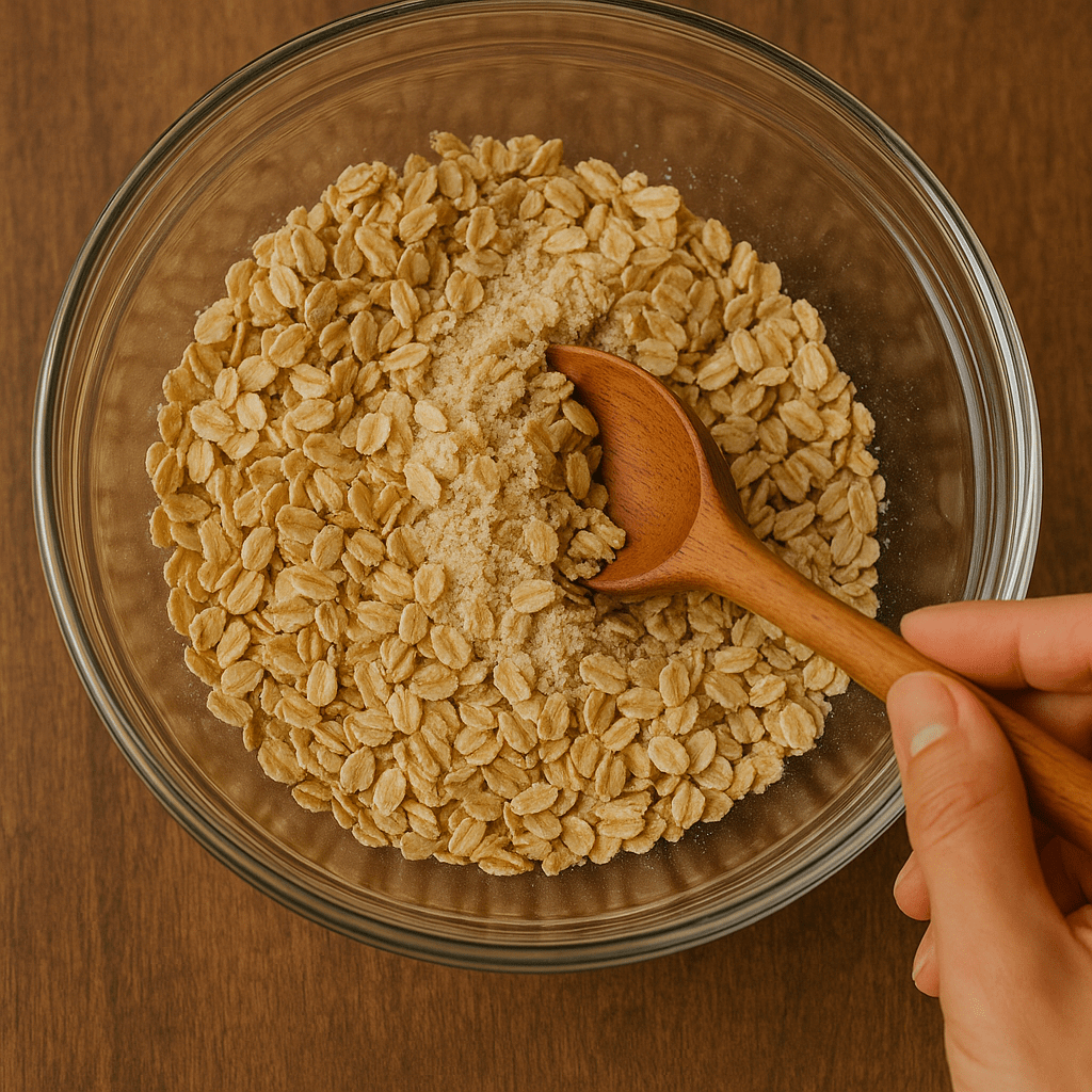 “Preparing oat crisp topping for healthy baked apple dessert.”