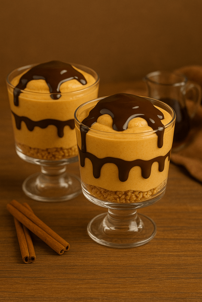 Pumpkin spice parfaits with cinnamon sticks and maple syrup on rustic wood table.