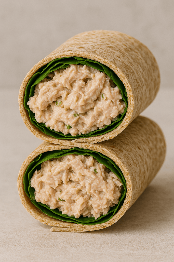 Whole-grain wrap sliced in half, showing tuna salad with spinach inside.