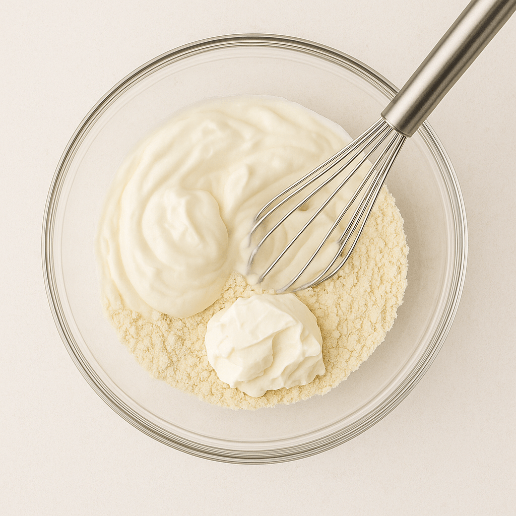 Protein cheesecake ingredients being whisked together in a glass bowl.