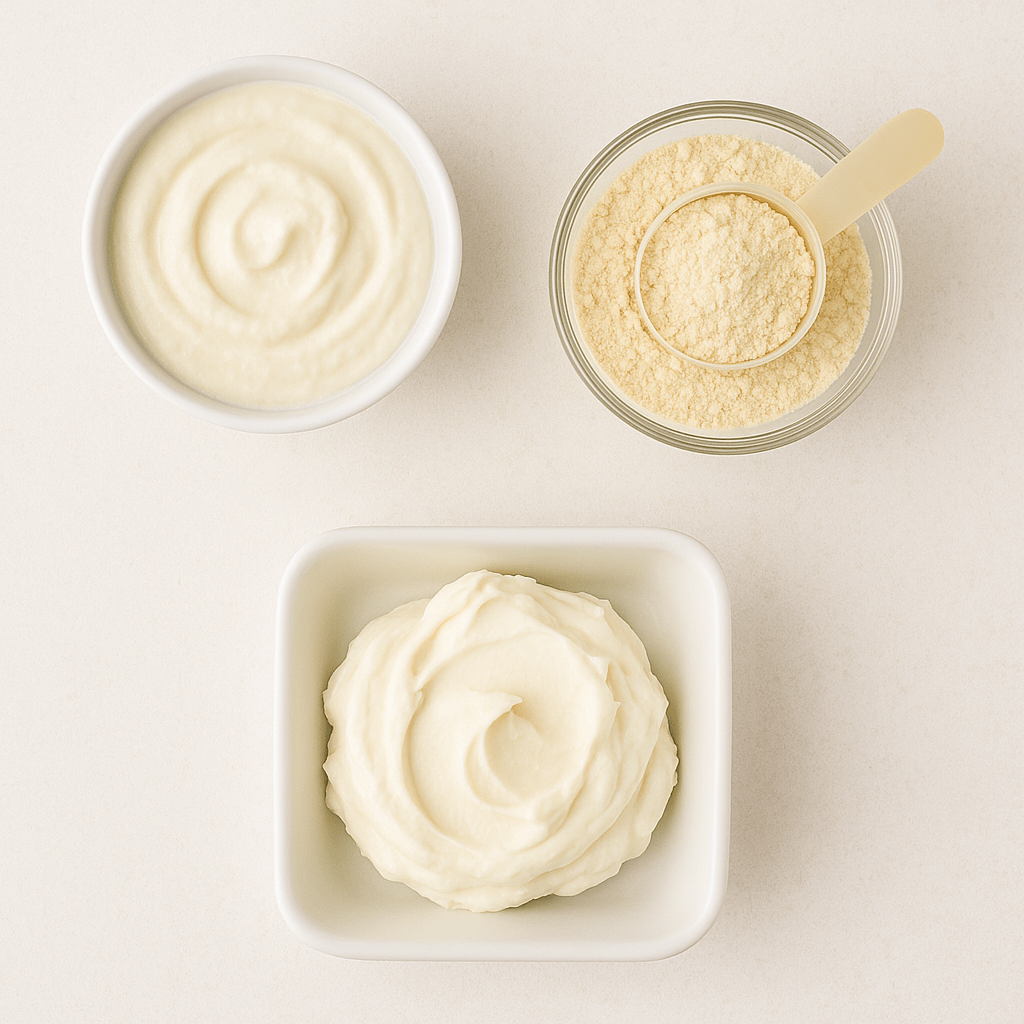 Flat lay of Greek yogurt, vanilla protein powder, and cream cheese for low-carb protein cheesecake cups
