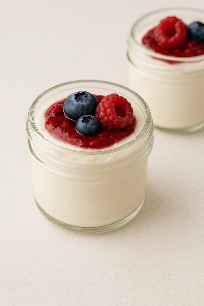 Chilled high-protein cheesecake cups set in small jars, ready to serve.